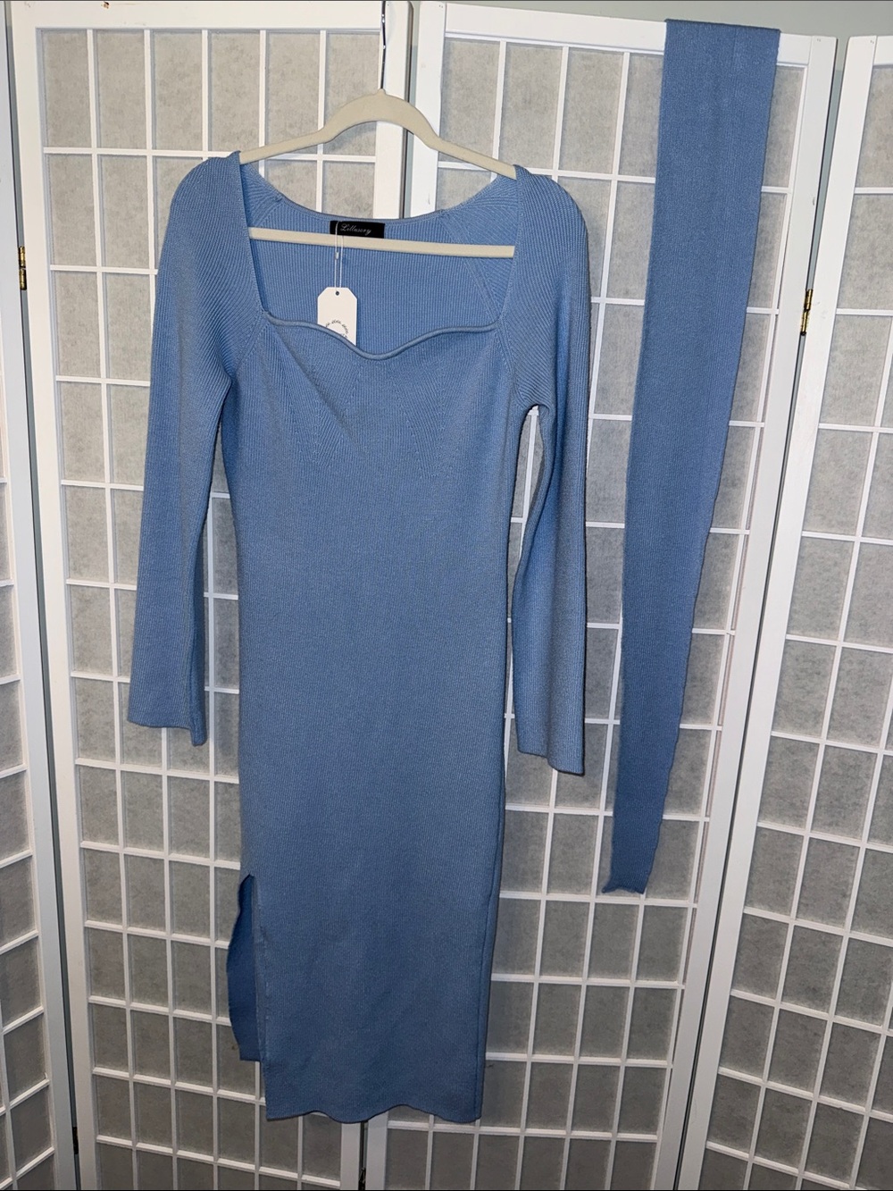 Sky Blue Ribbed Knit Long Sleeve Midi Dress with Tie Waist Size M NWT